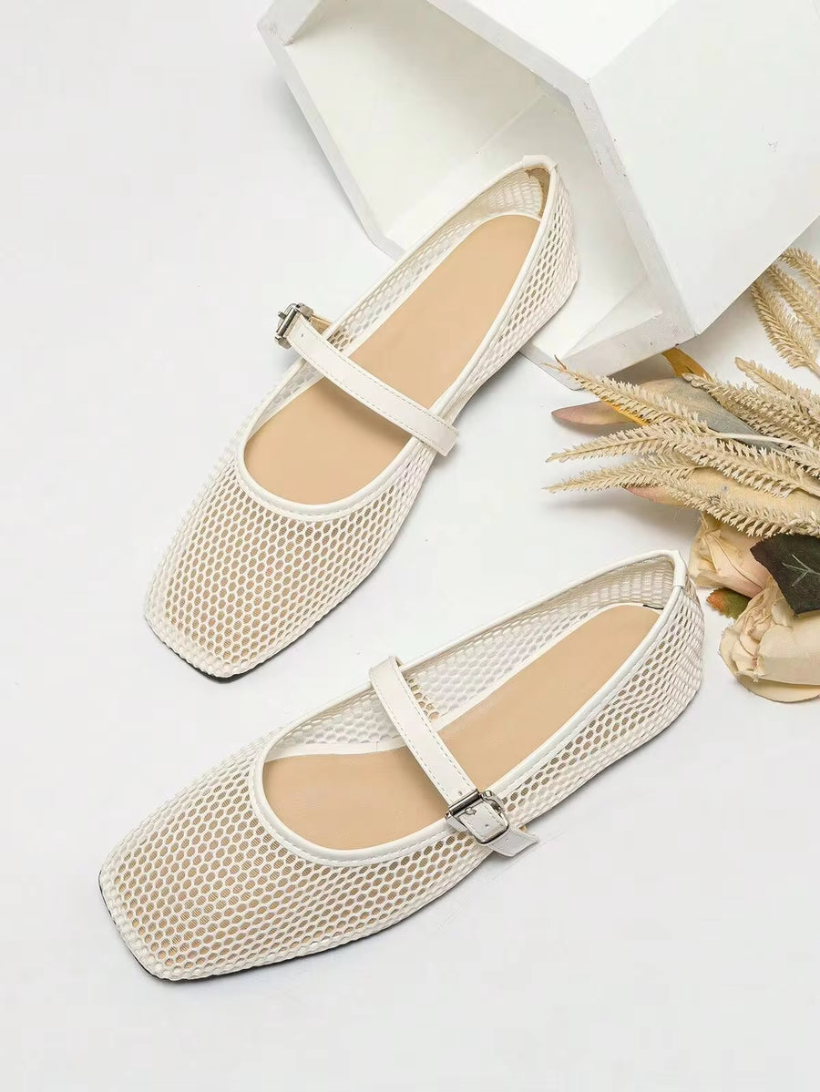 New Ballet Flats, Spring Women's Square Toe Flat Shoes, Solid Color Breathable Casual Sandals, Fashionable And Comfortable White Shoes