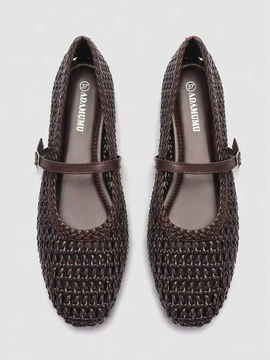 ADAMUMU Oversized Women's Fashion Handmade PU Woven High-End Mary Jane Ballet Shoes With Single Strap Metal Buckle, Breathable Woven Design, Comfortable Flat Sole, Women's Daily Commute / Vacation Casual Wear Shoes